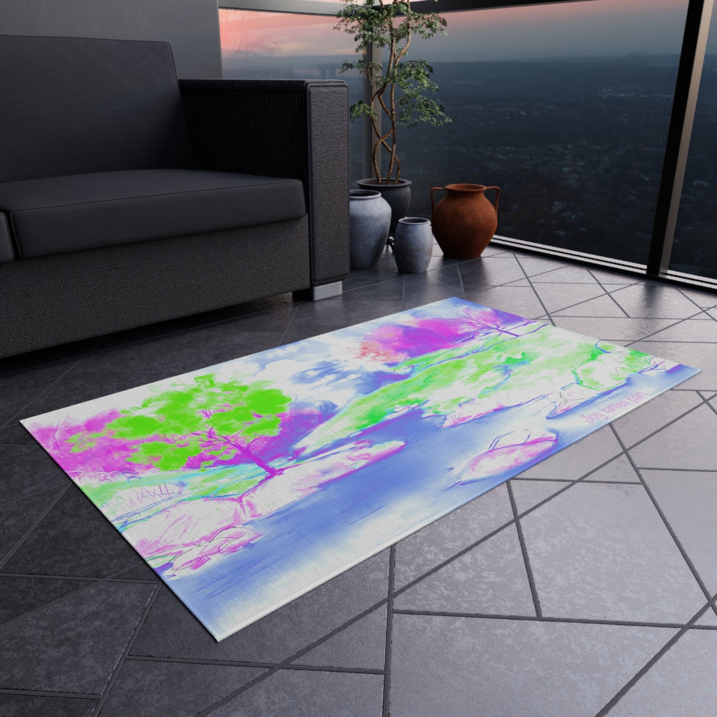Inspirational Landscapes Indoor/Outdoor Area Rug, "Joy tames Pain"  Blue, Aqua, and Lilac Non-slip