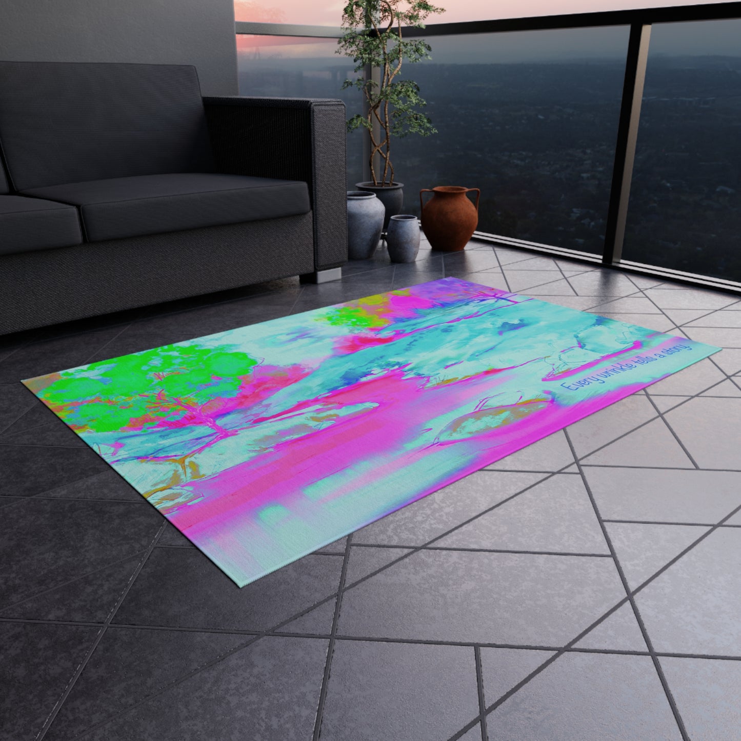 Inspirational Landscapes Indoor/Outdoor Area Rug, " Every Wrinkle tells a Story", Aqua, Raspberry, and Green