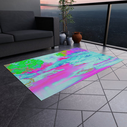 Inspirational Landscapes Indoor/Outdoor Area Rug, " Every Wrinkle tells a Story", Aqua, Raspberry, and Green
