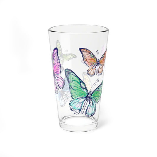 Blossom Whirl  Pint Glass 16oz, Largest Butterfly is Blue green