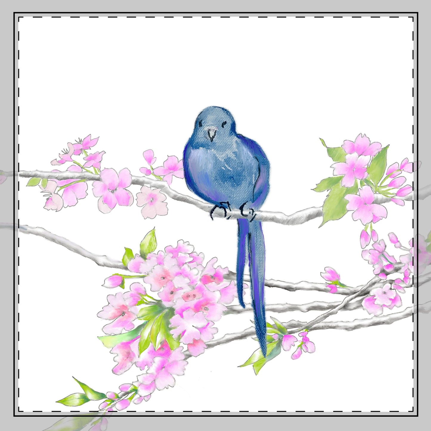 Blossoms & Birds in Dark Blue Poly Twill Napkin , Background Fabric Color, Bright White