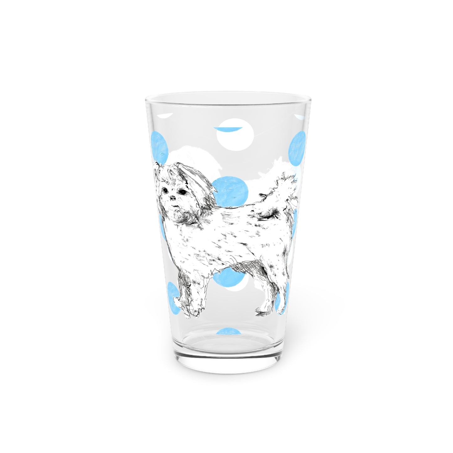 Dogi Fun and Polka Dots Pint Glass in Aqua, Shih Tzu, 16oz