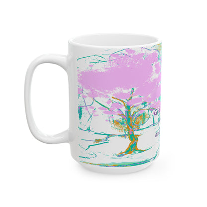 Inspirational Landscapes Ceramic Mug in Blue-Green and Lilac,"God presides, provides, and protects",  11oz