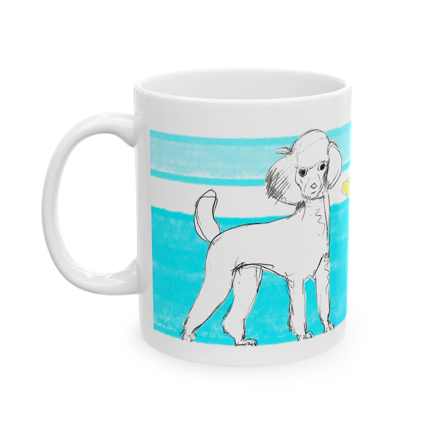 Mega Stripe Dogi Butterfly Flutter Ceramic Mug, (11oz, 15oz), Aqua Poodle