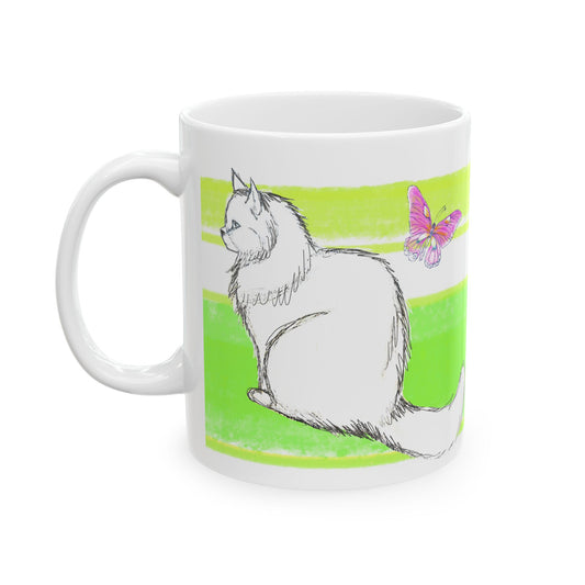 Mega Stripe Kitty Butterfly Flutter Ceramic Mug Yellow Green