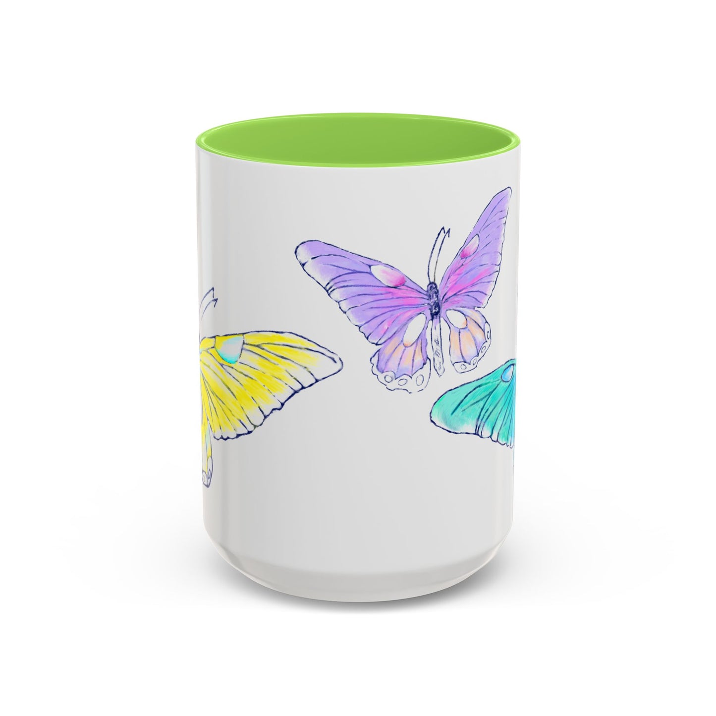 Butterfly Swing, Inside Green Colorful, Main Butterfly Yellow Mugs (11oz, 15oz)