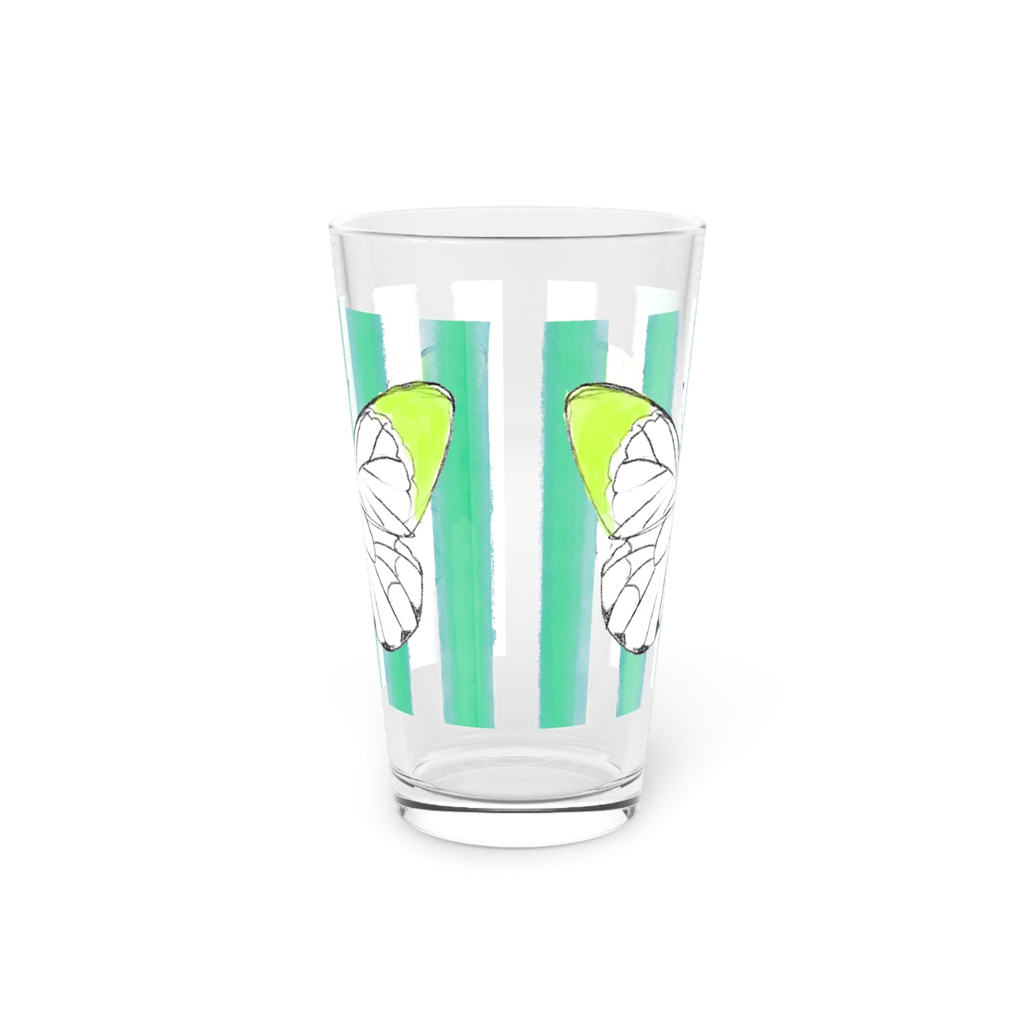 Butterfly Chroma Pint Glass in Lime with Aqua Stripes, 16oz