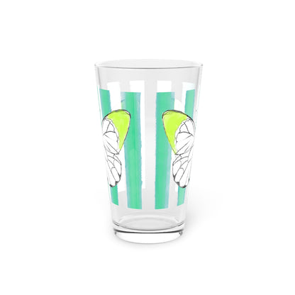 Butterfly Chroma Pint Glass in Lime with Aqua Stripes, 16oz