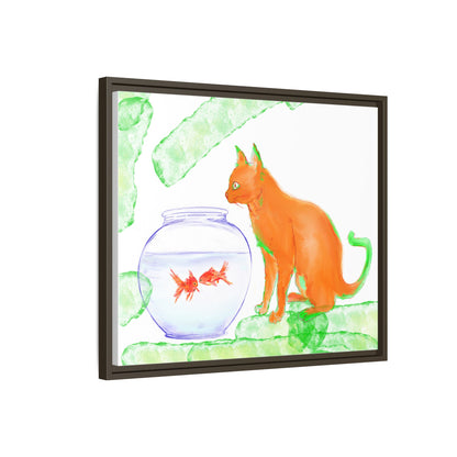 Colorful Cat and Fish Bowl Matte Canvas Framed white