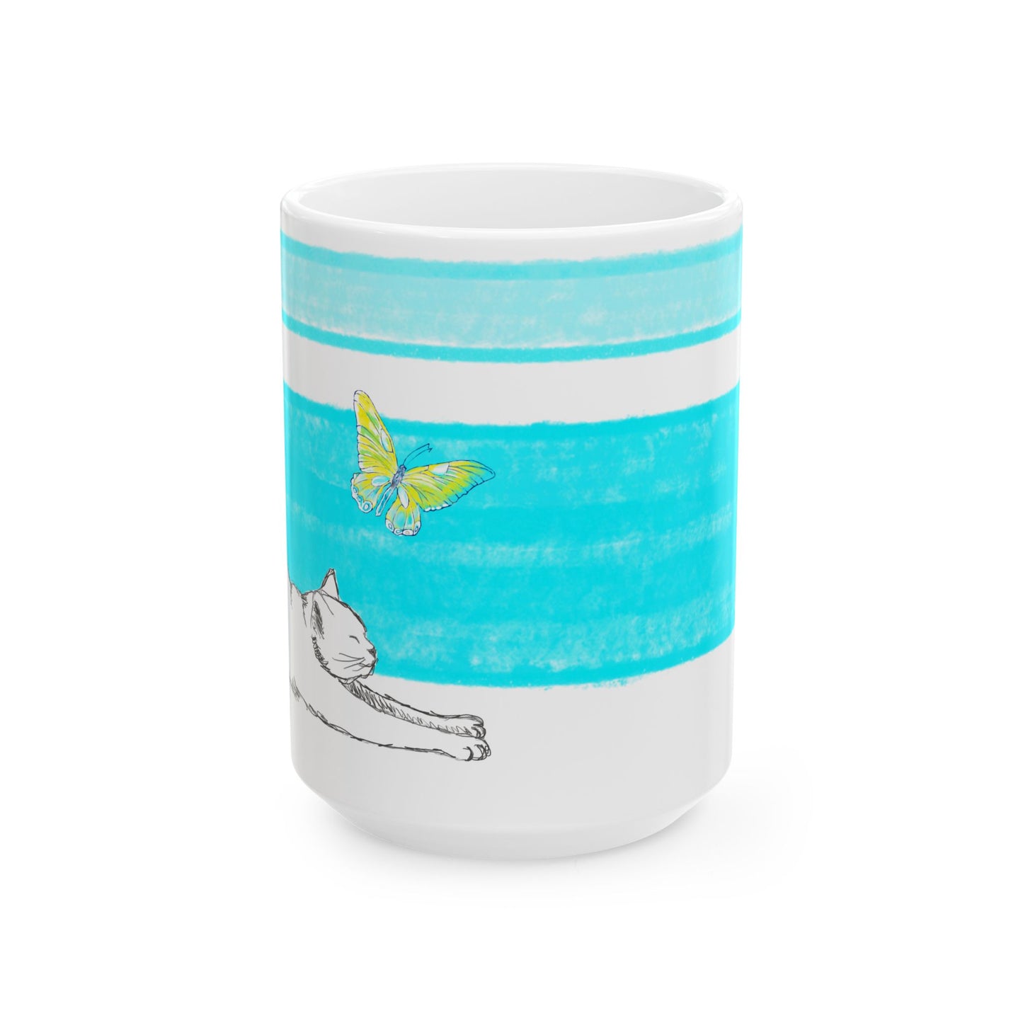 Mega Stripe Kitty Butterfly Flutter Ceramic Mug Aqua