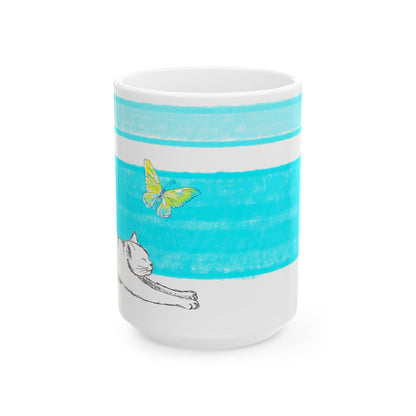 Mega Stripe Kitty Butterfly Flutter Ceramic Mug Aqua