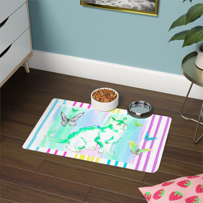 Kitty Flutter Pet Food Mat with Multi-Color Striped Border