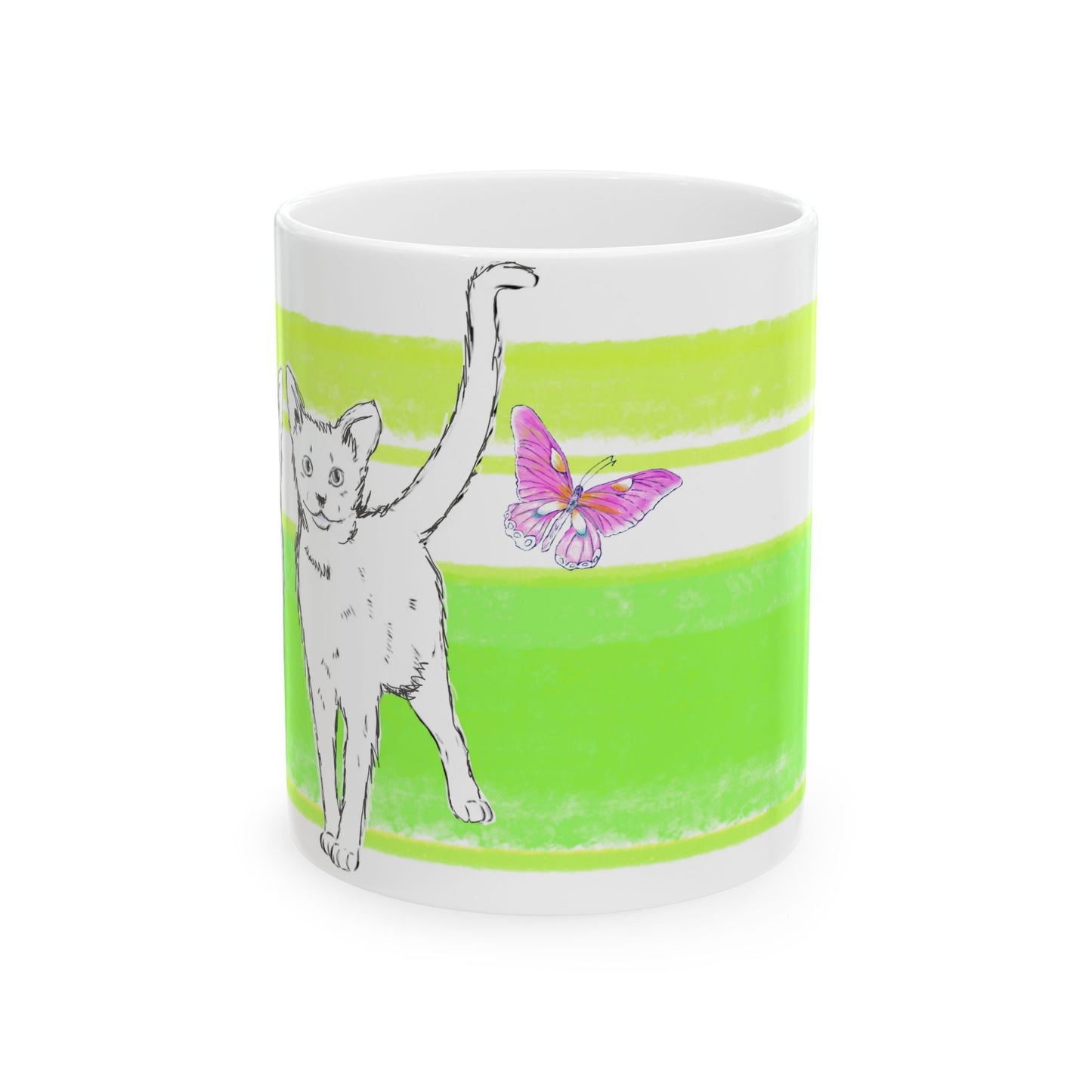 Mega Stripe Kitty Butterfly Flutter Ceramic Mug Yellow Green