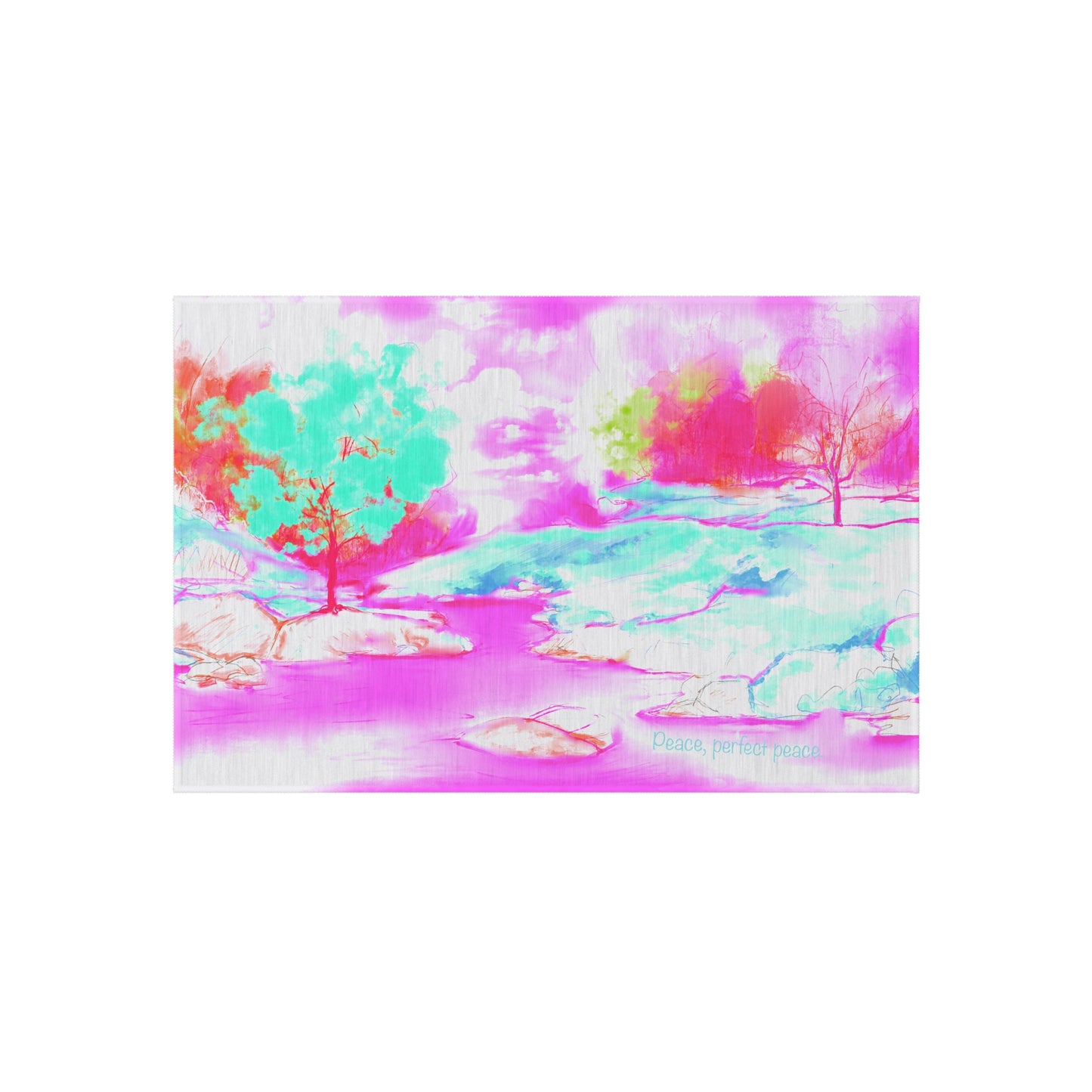 Inspirational Landscapes "Peace perfect peace" Indoor/Outdoor Rug in Raspberry, Aqua, and Pink Non- slip (36" x 24")