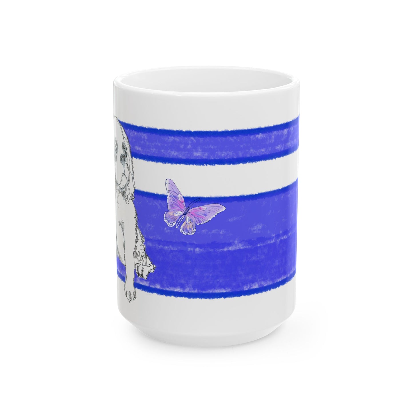 Mega Stripe Dogi Butterfly Flutter Ceramic Mug, (11oz, 15oz), Ultramarine Cocker Spaniel