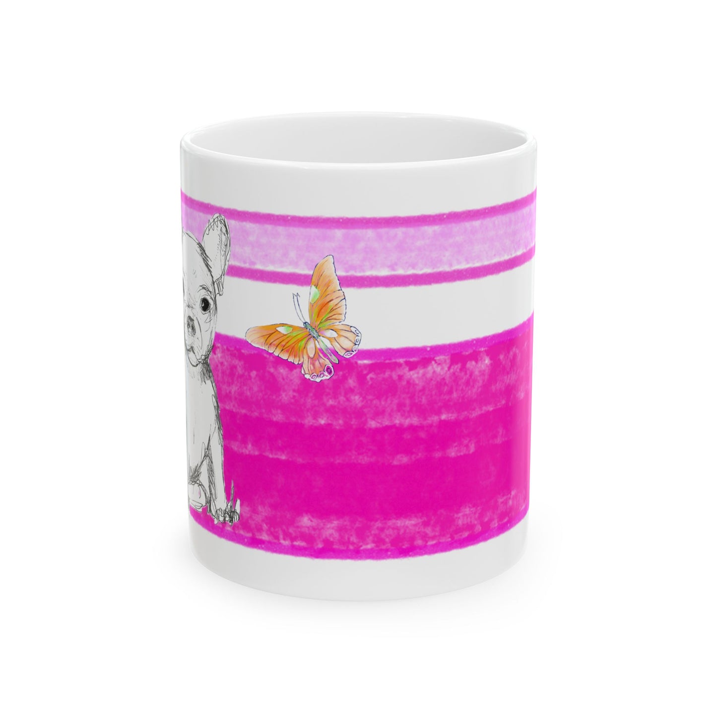 Mega Stripe Dogi Butterfly Flutter Ceramic Mug, (11oz, 15oz),  Raspberry Pink Chihuahua
