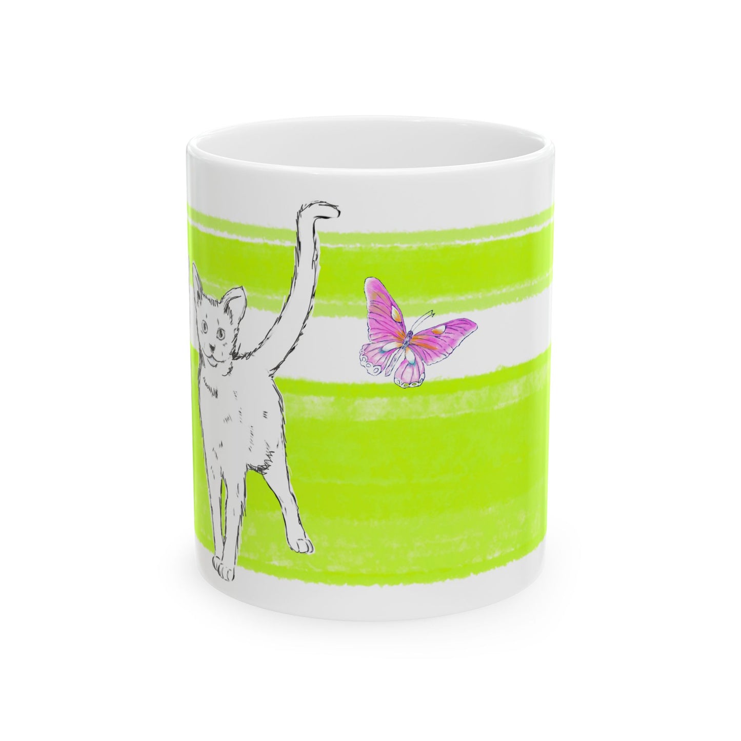 Mega Stripe Kitty Butterfly Flutter Ceramic Mug Lime