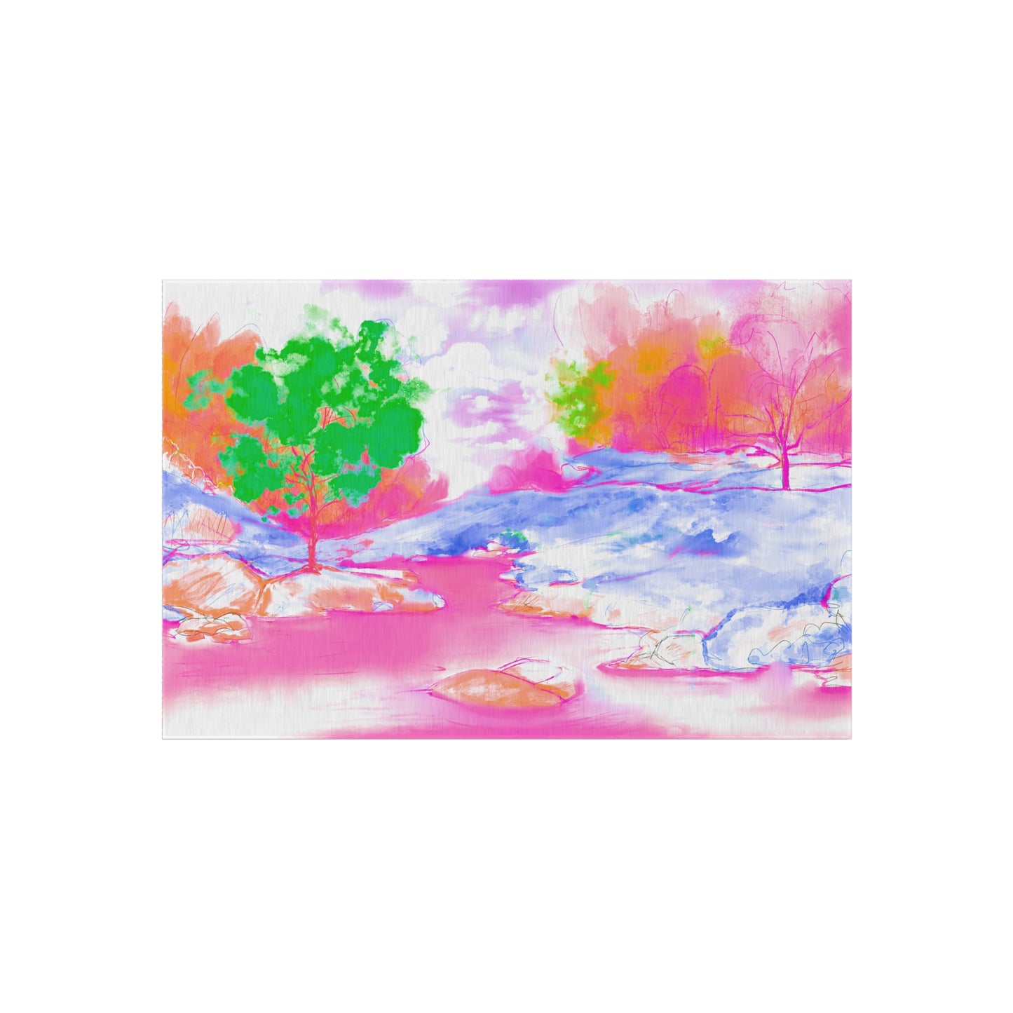 Joyful Landscapes Indoor/Outdoor Rug, Raspberry, Blue and Green, Non-Slip