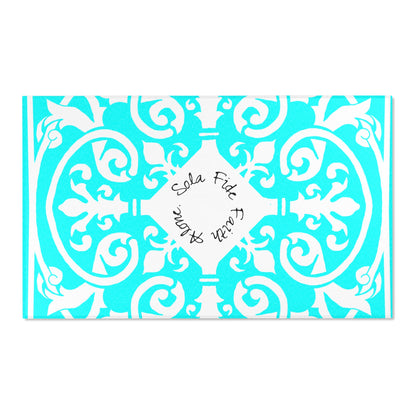 Scrollwork Indoor/Outdoor Rug Aqua "Sola Fide..."