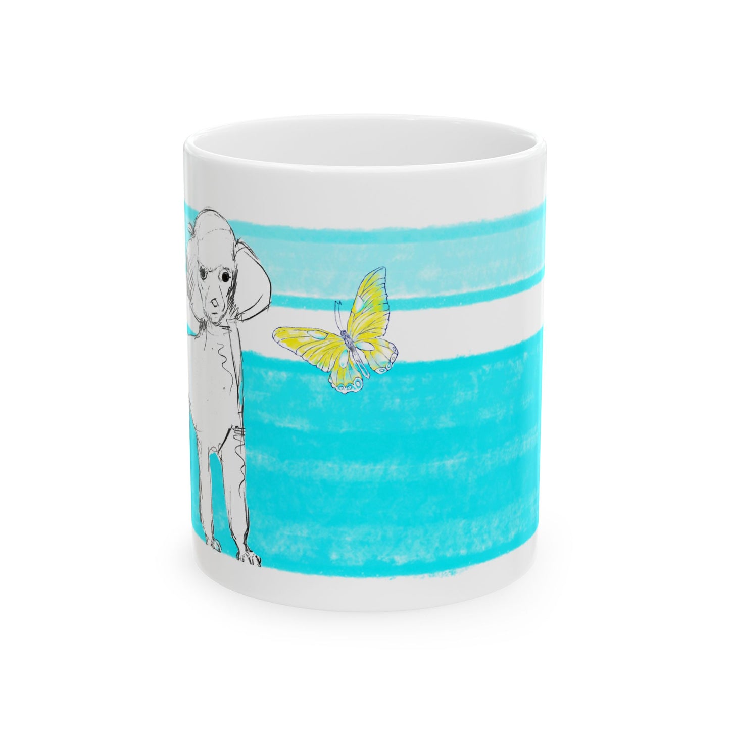 Mega Stripe Dogi Butterfly Flutter Ceramic Mug, (11oz, 15oz), Aqua Poodle