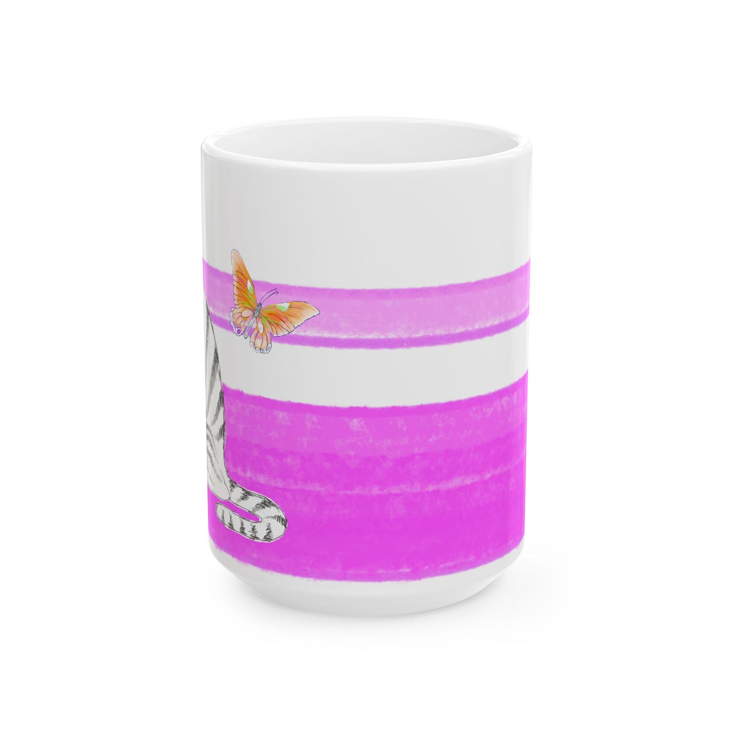 Mega Stripe Kitty Butterfly Flutter Ceramic Mug Purplish Pink