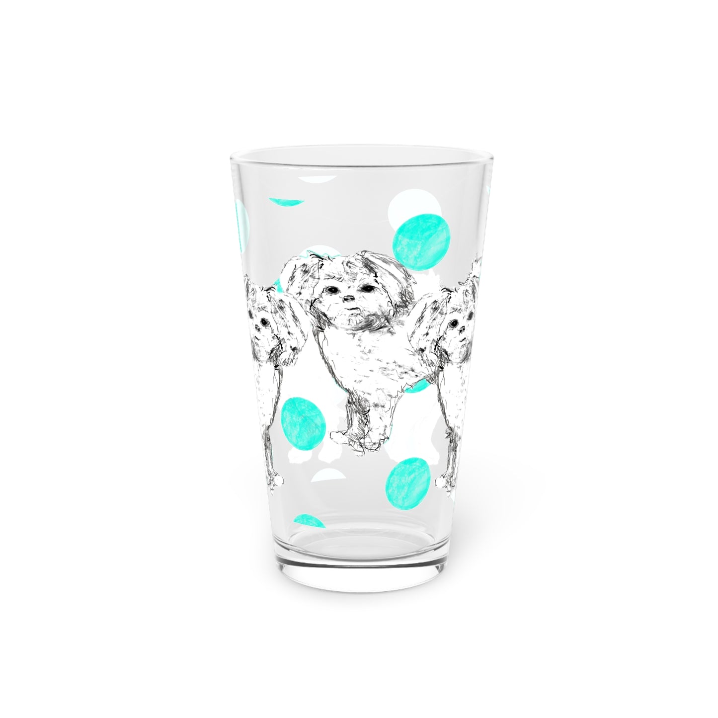 Dogi Fun and Polka Dots Pint Glass in Aqua, Shih Tzu, 16oz