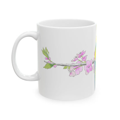 Jolly Birds Ceramic Mug, (11oz, 15oz), Yellow and Aqua