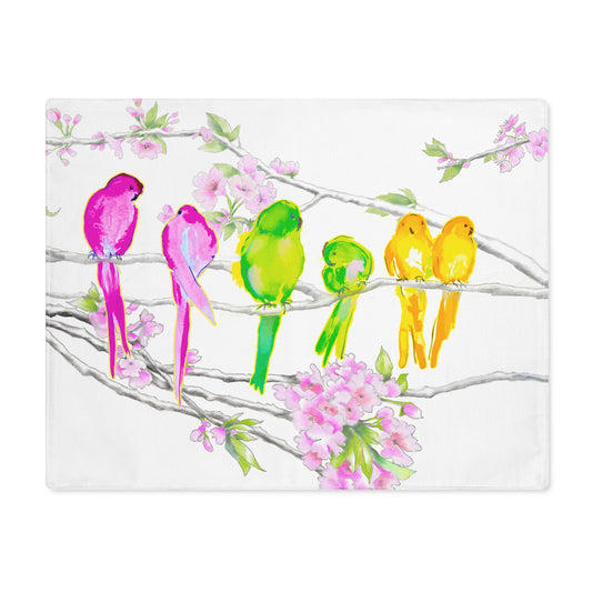 Blossoms & Birds In Raspberry, Green & Yellow Placemat, 1pc (18" × 14"), Cotton, Creamy White Background, #4 Right  Side of Table