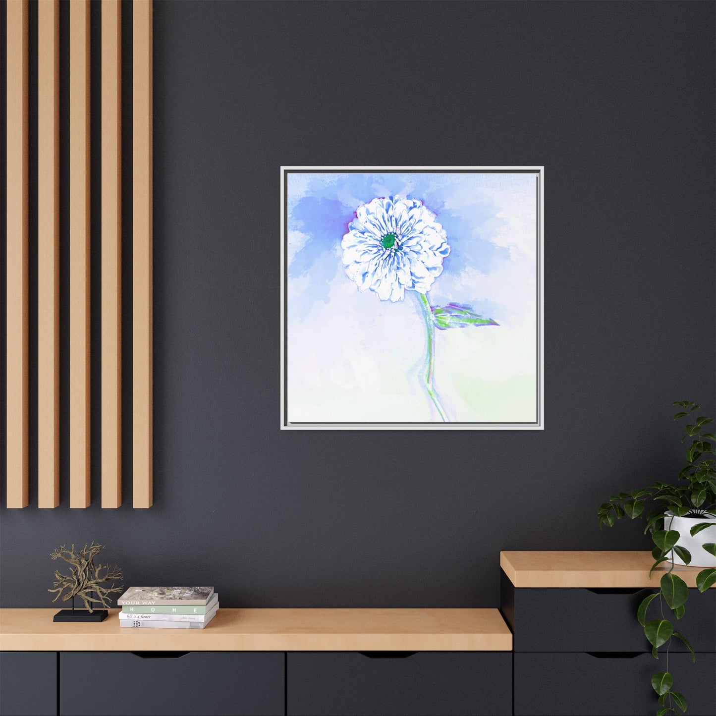 Zinnia Color Splash Matte Canvas Soft Blue Framed