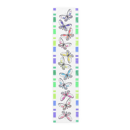 Butterfly Flutterstripe Table Runner in Multi-color With Blue/Green Border 1 size ( 16" × 72")  (available in Cotton (Creamier) & Polyester (Whiter)