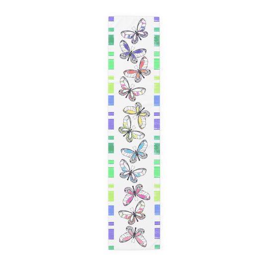Butterfly Flutterstripe Table Runner in Multi-color With Blue/Green Border 1 size ( 16" × 72")  (available in Cotton (Creamier) & Polyester (Whiter)