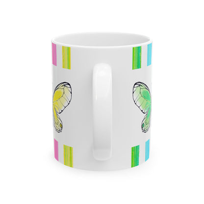 Butterfly Rainbow Stripe Ceramic Mug in Pink, Yellow, and Green with Multi-color Striped Border, (Available in 2 sizes 11oz and 15oz)