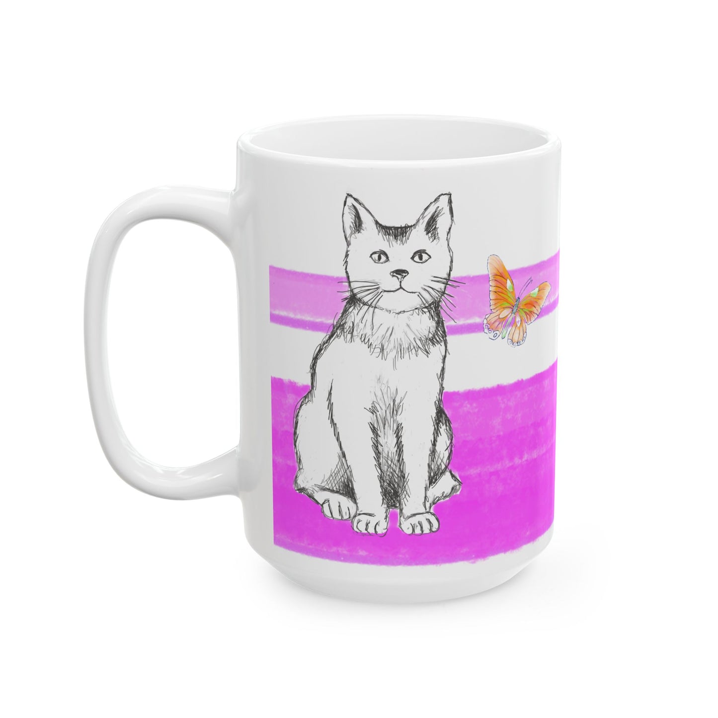 Mega Stripe Kitty Butterfly Flutter Ceramic Mug Purplish Pink
