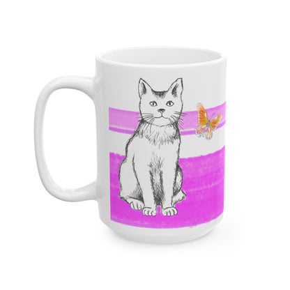 Mega Stripe Kitty Butterfly Flutter Ceramic Mug Purplish Pink