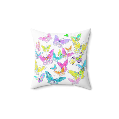 Dancing Tulips Butterflies Spun Polyester Square Pillow. Multi-Color Butterflies, Raspberry Tulip