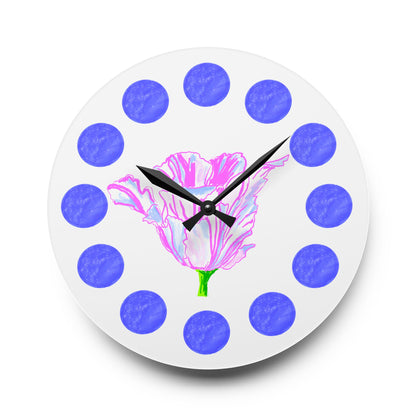 Tulip Love Acrylic Wall Clock, Blue dots Pink Tulip