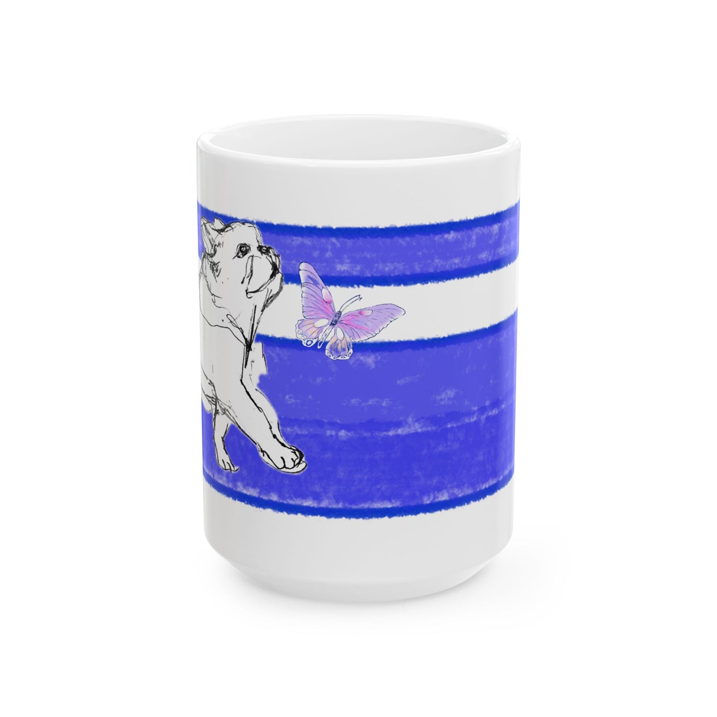 Mega Stripe Dogi Butterfly Flutter Ceramic Mug, (11oz, 15oz), Ultramarine Bulldog