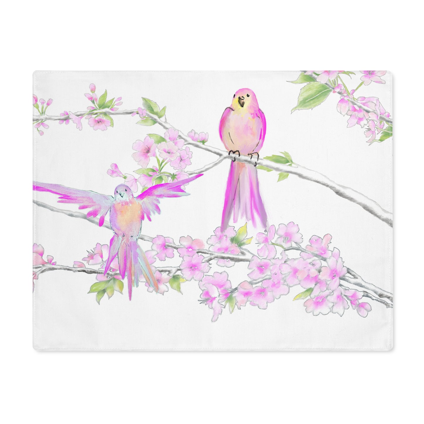 Blossoms & Birds In Pink Placemat, 1pc (18" × 14"), Cotton, Creamy White Background, #8 Left Side of Table