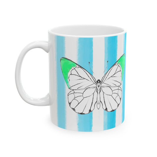 Butterfly Chroma Ceramic Mug in Light Green with Aqua Stripes