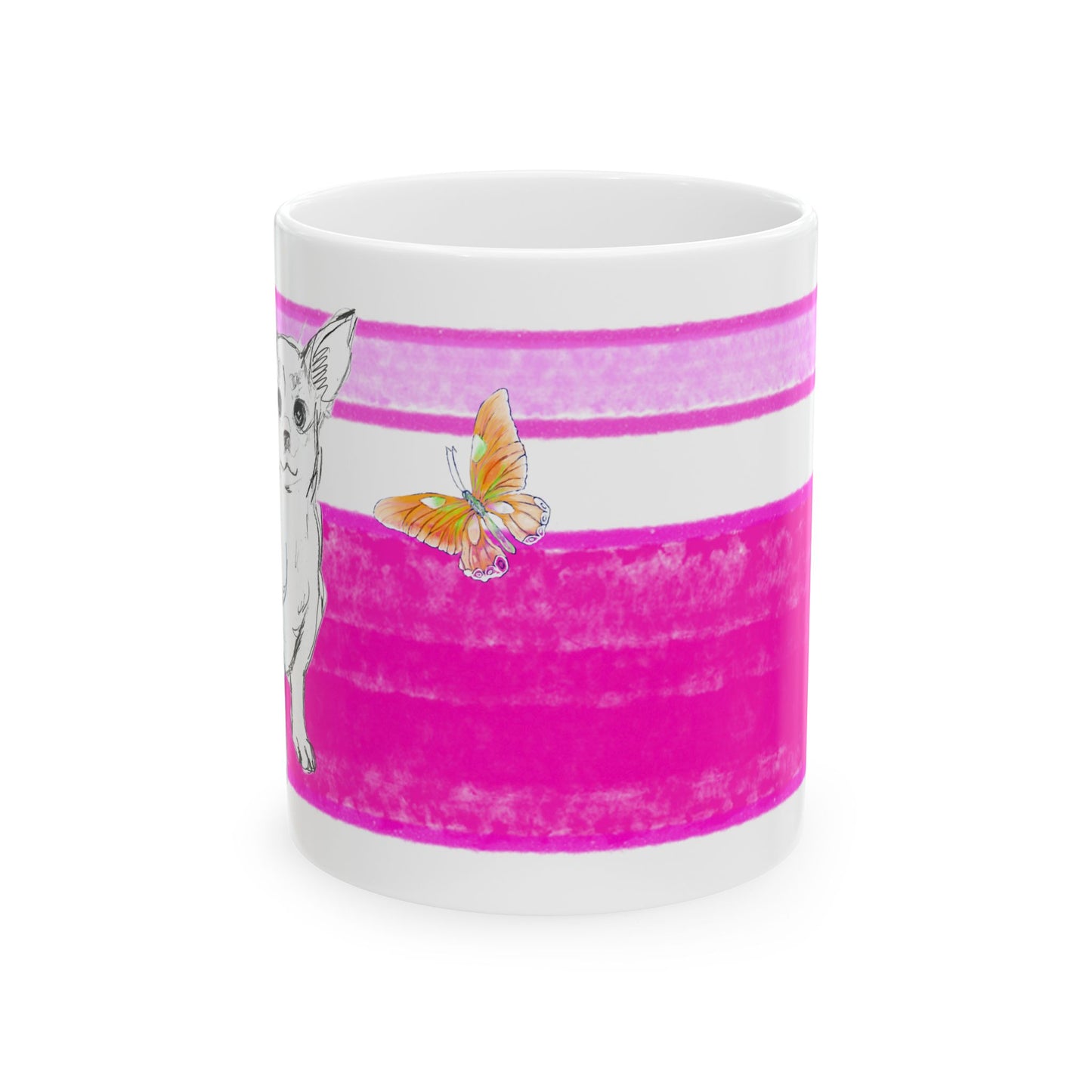 Mega Stripe Dogi Butterfly Flutter Ceramic Mug, (11oz, 15oz),  Raspberry Pink Teri