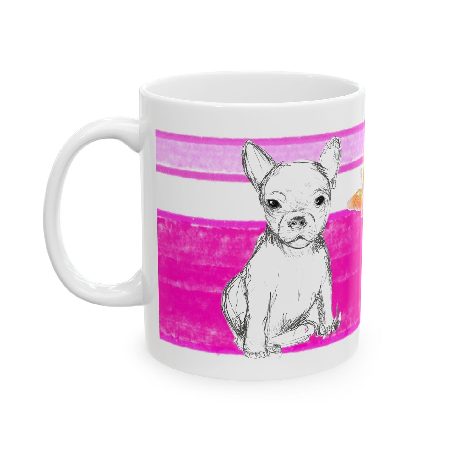 Mega Stripe Dogi Butterfly Flutter Ceramic Mug, (11oz, 15oz),  Raspberry Pink Chihuahua