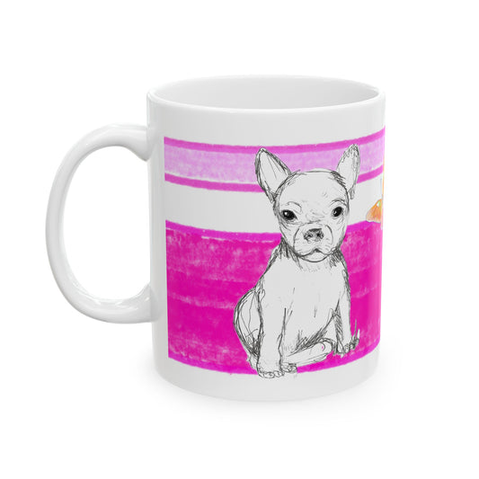 Mega Stripe Dogi Butterfly Flutter Ceramic Mug, (11oz, 15oz),  Raspberry Pink Chihuahua
