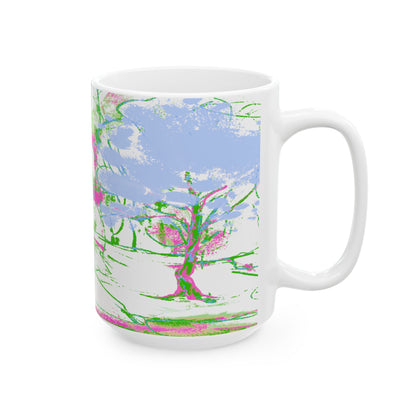 Joyful Landscapes Ceramic Mug in Green and Lavender, 11oz, 15oz.