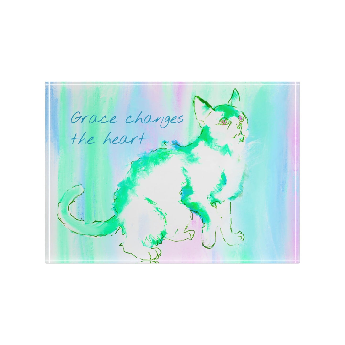 Kitty Fun and Wisdom Acrylic Art Block in Green and Blue "Grace changes the heart"