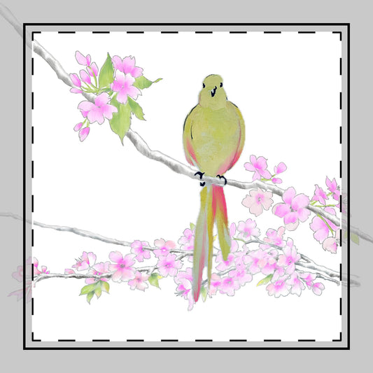 Blossoms & Birds in Yellow Green, Poly Twill Napkin , Background fabric in Bright White