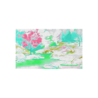 Inspirational Landscapes "Kindness is never wasted"  Indoor/Outdoor Area Rug in Lime, Aqua, and Raspberry (36" x 24")