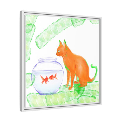 Colorful Cat and Fish Bowl Matte Canvas Framed white