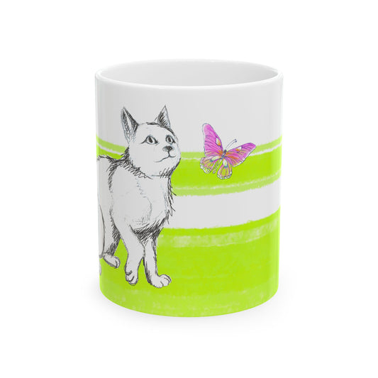 Mega Stripe Kitty Butterfly Flutter Ceramic Mug Lime