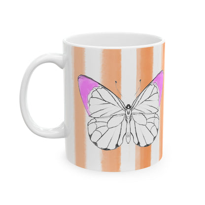 Butterfly Chroma Ceramic Mug in Lavender with Orange Stripes, 11oz