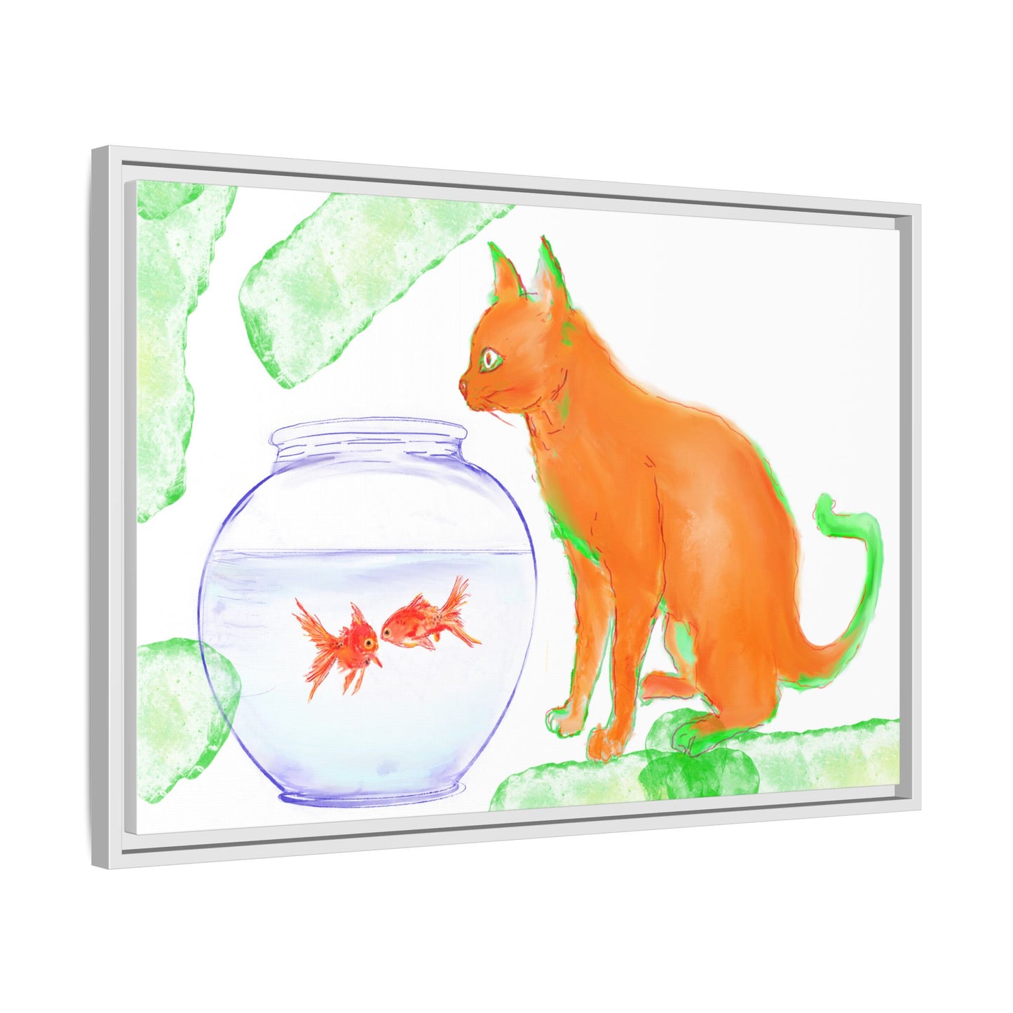 Colorful Cat and Fish Bowl Matte Canvas Framed white